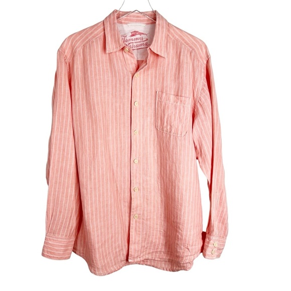 TOMMY BAHAMA 100% Linen Pink and White Striped Button Down long Sleeve Shirt - Picture 1 of 5